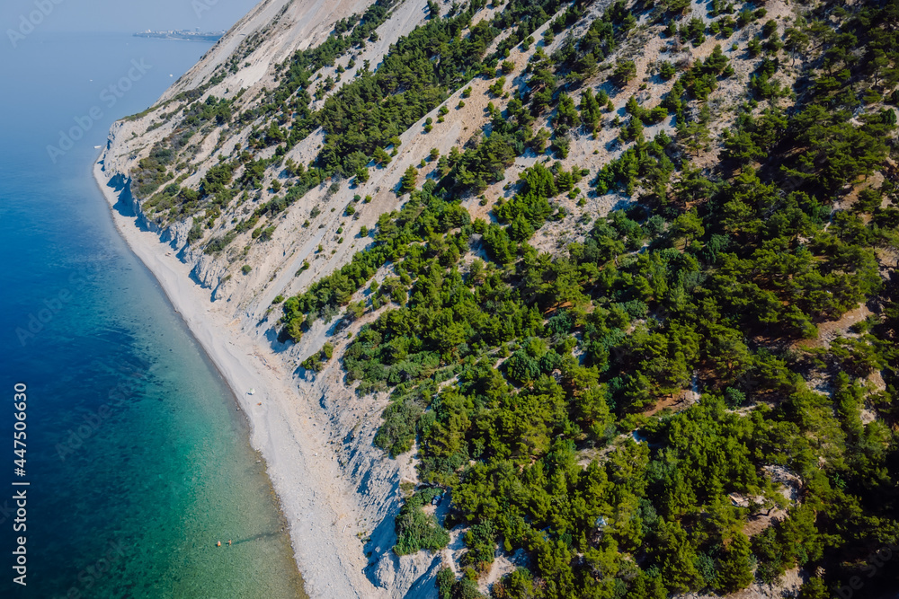 Coastline with sea and highest cliff with trees. Summer day on sea. Aerial view