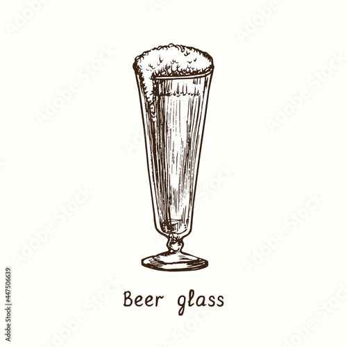 Beer pilsner glass. Ink black and white doodle drawing in woodcut style.