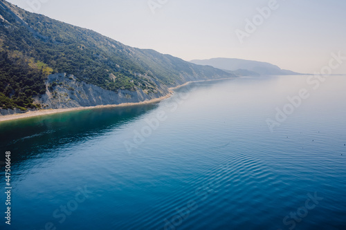 Coastline with quiet sea and highest cliff with trees. Summer day on sea. Aerial view