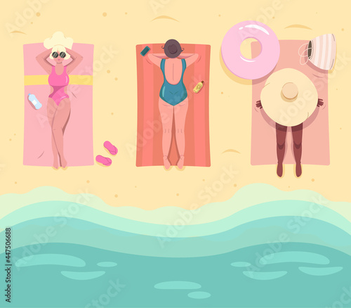 Pretty women sunbathing lying on towels. Young women in swimsuit and hat relaxing on the beach with sun cream, phone, slippers, rubber ring, bag and bottle. Summer concept vector flat illustration.