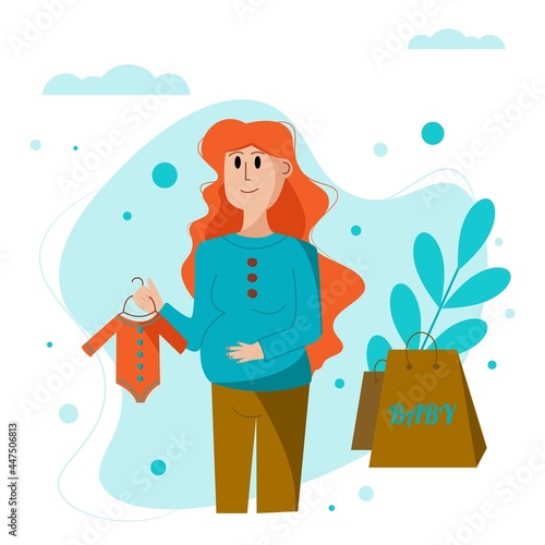 a pregnant woman buys clothes for an unborn child, shopping for an expectant mother, shopping for a pregnant woman, shopping for a baby, motherhood