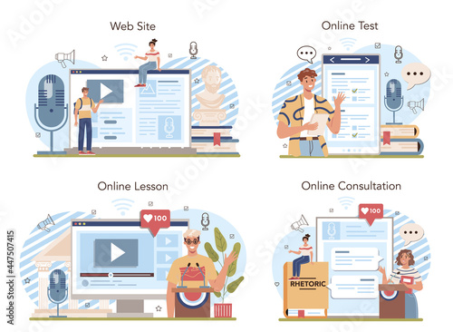 Rhetoric school class online service or platform set. Students training public