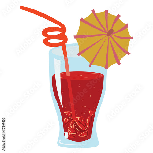 Glass tumbler with red goose drink, cocktail straw and umbrella.  Vector stock illustration isolated on white background.