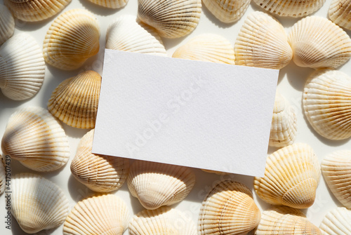 Travel or tourism mockup with seashells and empty white paper for copy space.