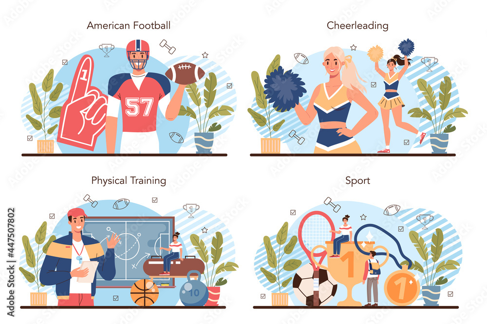 Physical education or school sport class concept set. American football