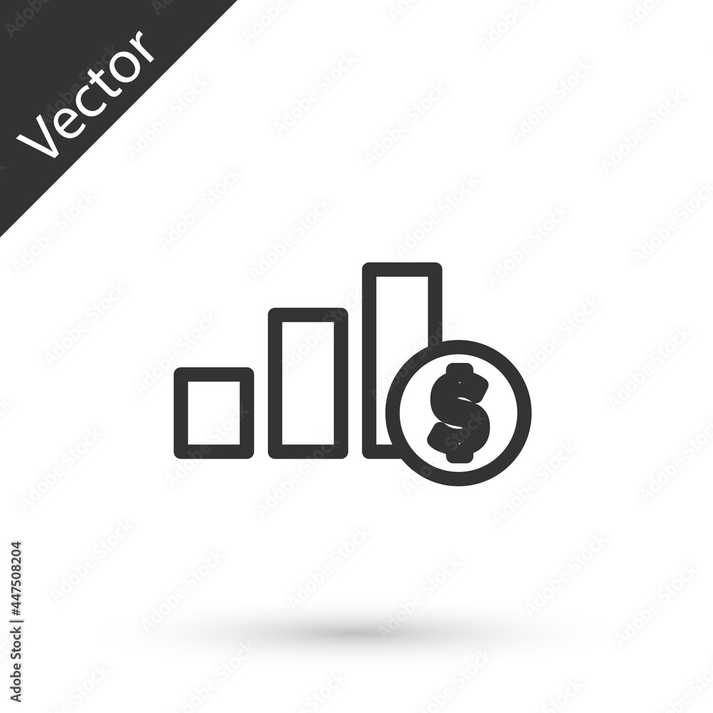 Grey line Pie chart infographic and dollar symbol icon isolated on white background. Diagram chart sign. Vector Grey line Pie chart infographic and dollar symbol icon isolated on white background. Diagram chart sign. Vector