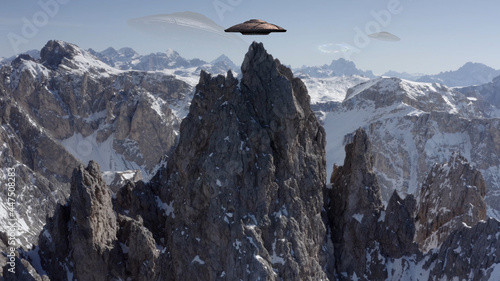 Flying Saucers Ufo Hovering Above The Alps Peak, Aerial alien invasion Concept in Europe Mountains, Drone view 