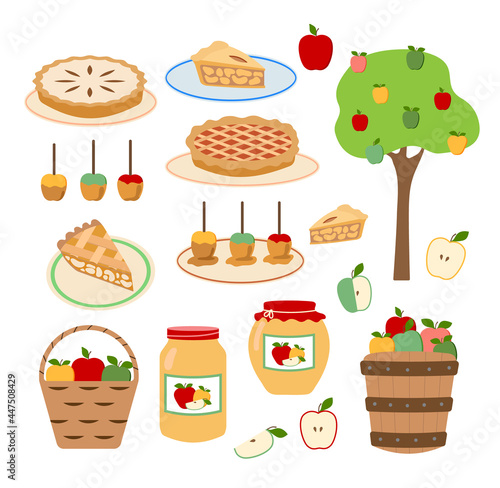 Fall vector apple illustrations set. Apples, tree, apple in basket, candy, cake, jelly, jam, pies and slices of apple pie. Isolated on white background. Great for cards, invitation, harvest festival.