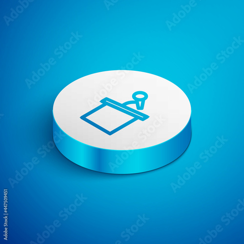 Isometric line Stage stand or debate podium rostrum icon isolated on blue background. Conference speech tribune. White circle button. Vector
