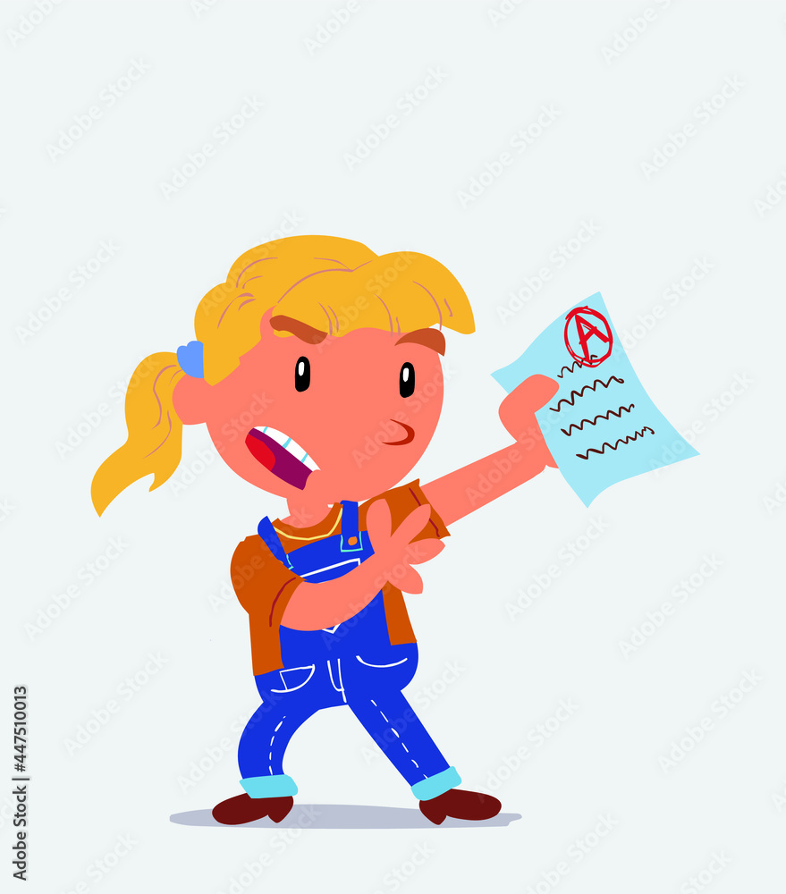 cartoon character of little girl on jeans arguing effusively with exam in hand.