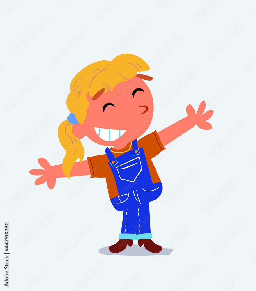 cartoon character of little girl on jeans opening arms very happy. cartoon character of little girl on jeans opening arms very happy.