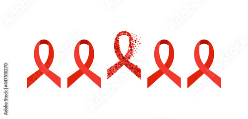 AIDS awareness poster. Red ribbons set on white background. Symbol of acquired immune deficiency syndrome. Medical concept. Vector illustration.