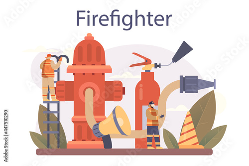 Firefighter concept. Professional fire brigade fighting with flame