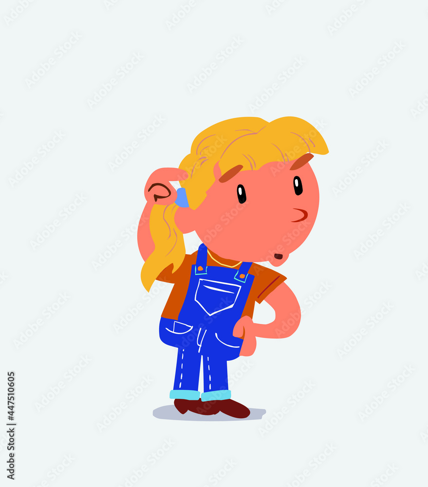 funny cartoon character of little girl on jeans doubting.