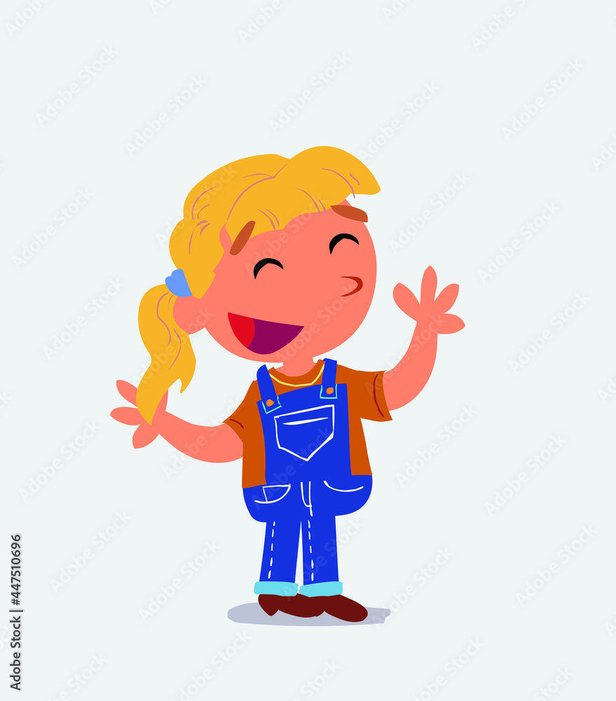 Pleased cartoon character of little girl on jeans explaining something. Pleased cartoon character of little girl on jeans explaining something.