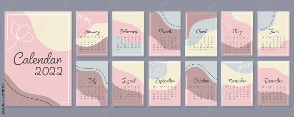 Abstract calendar 2022 in A4 format. Set of 12 pages and cover. Week starts on Monday. Vertical template in trendy pastel colors. Vector illustration. Abstract calendar 2022 in A4 format. Set of 12 pages and cover. Week starts on Monday. Vertical template in trendy pastel colors. Vector illustration.