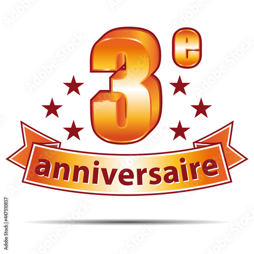 Troisième anniversaire ! Joyeux anniversaire. Célébration des trois ans. Icône vectoriel en français.