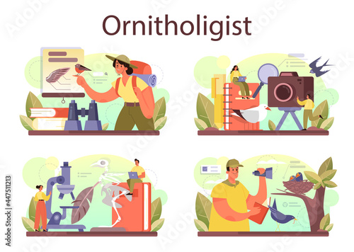 Ornithologist concept set. Professional scientist study birds. Zoologist