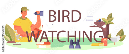 Bird watching typographic header. Ornithologist study birds. Zoologist research