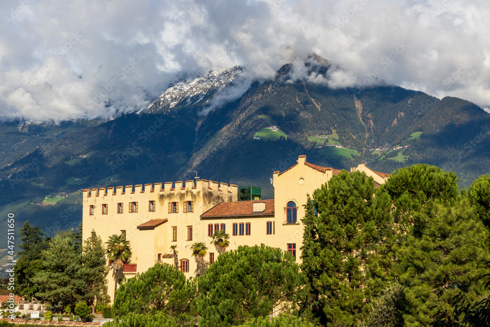 Fototapeta premium Merano, Italy. 10-07-2020. View of Trauttmansdorff castle, of Sissi empress at Merano, Italy