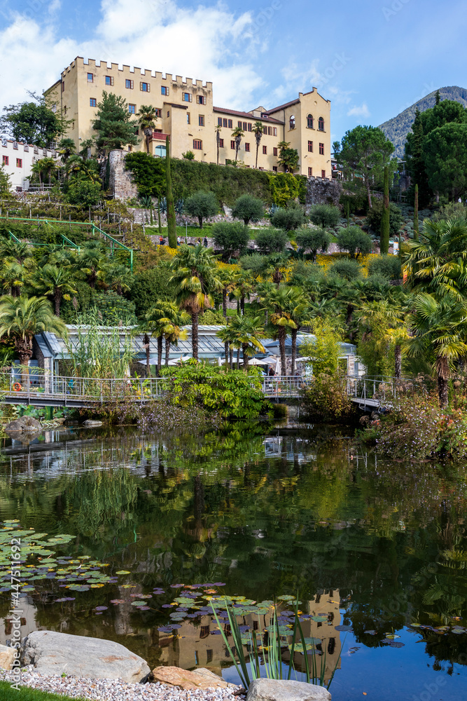 Fototapeta premium Merano, Italy. 10-07-2020. View of Trauttmansdorff castle, of Sissi empress at Merano, Italy
