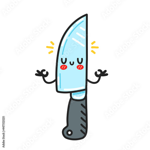 Cute funny kitchen chef knife character meditate. Vector flat cartoon kawaii character illustration icon. Isolated on white background. Chef cooking knife cartoon character concept