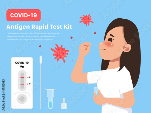 Young woman using covid-19 antigen test kit. Self-administrated swab.