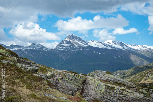 Alpine terrain with snow covered peaks close to San Bernardino pass, Switzerland