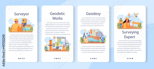 Surveyor mobile application banner set. Land surveying technology