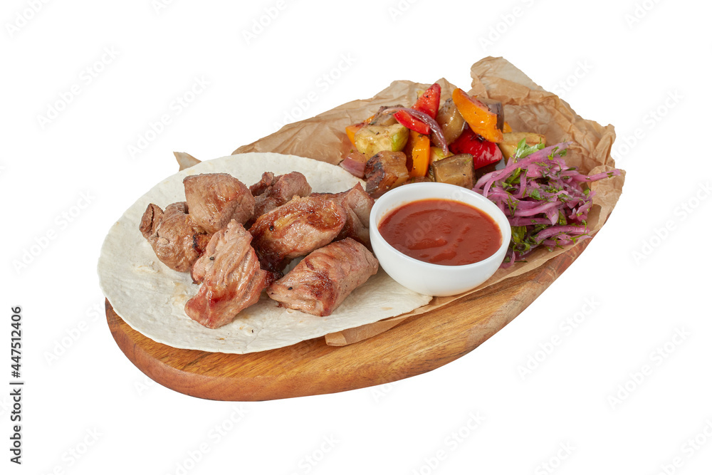 Grilled meat with vegetables, restaurant dish, image isolate
