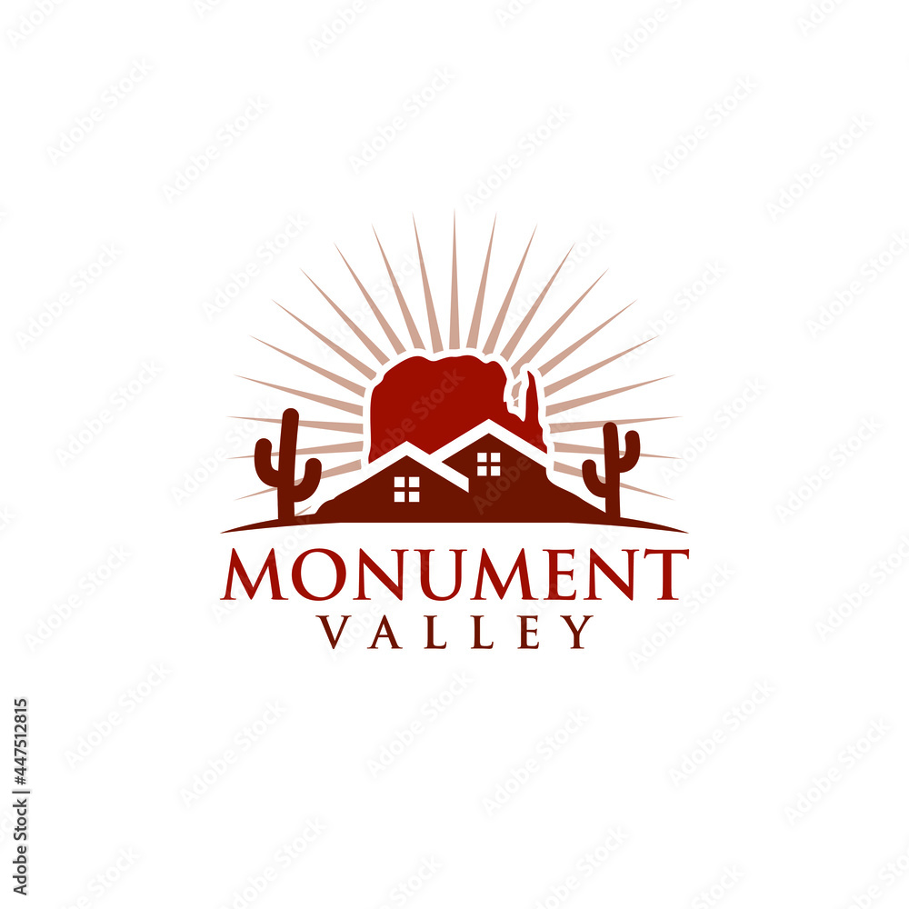 Monument Valley Arizona and home icon. Real estate compang-camping Logo Design. Vector Illustration.