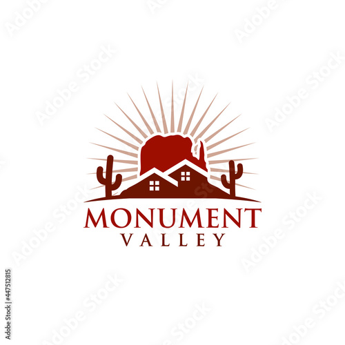 Monument Valley Arizona and home icon. Real estate compang-camping Logo Design. Vector Illustration.