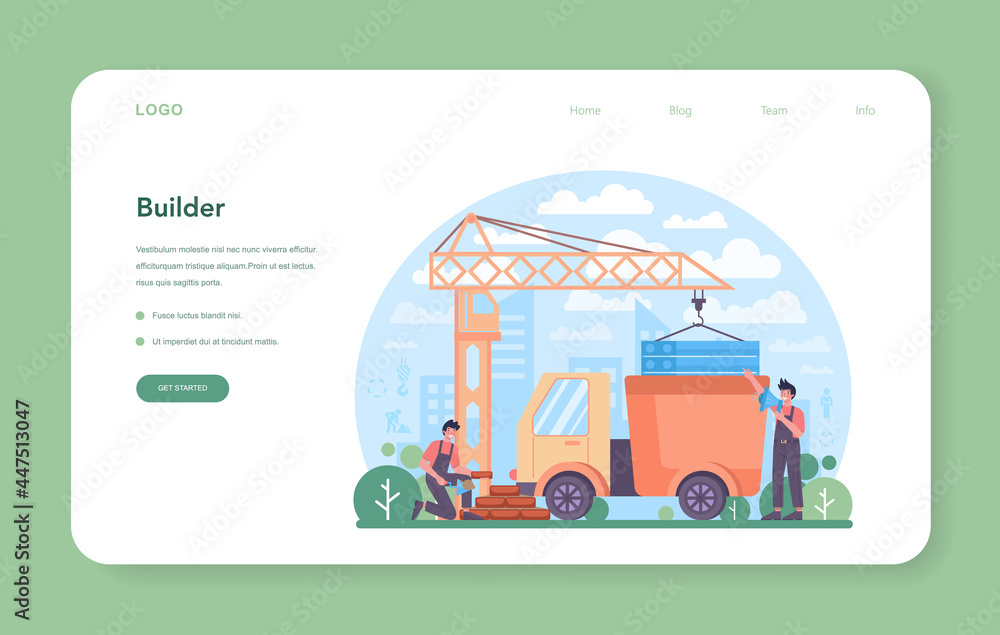 House building web banner or landing page. Workers constructing home House building web banner or landing page. Workers constructing home