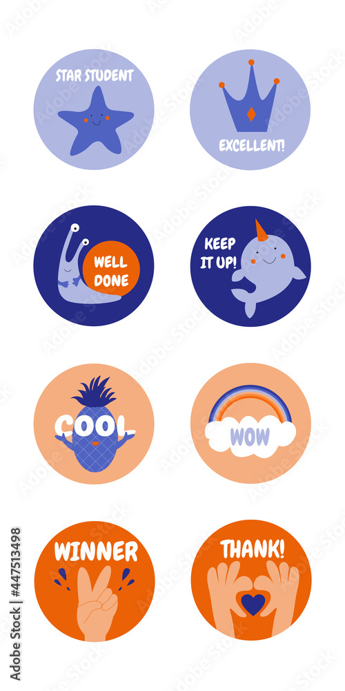 School insignia that teachers can use. Award stickers of cute symbols and motivational slogans for pupils, kids.