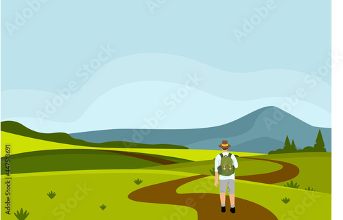 Active tourist man walking on path admiring mountain landscape. Travel cartoon male contemplating natural scenery. Concept of journey and new discoveries. Vector illustration
