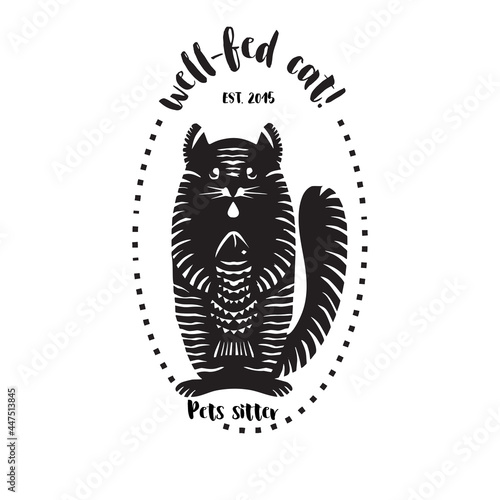 Fun Cat with Fish. Premade Logo. Black and white colors. Isolated background. Hand-drawn Stamp silhouette. Pets sitter brand. Vector