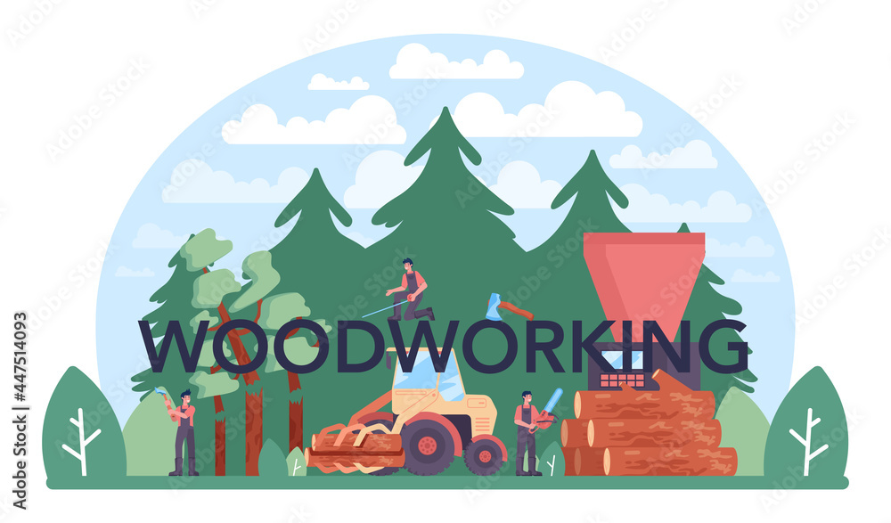 Woodworking typographic header. Timber industry and wood production Woodworking typographic header. Timber industry and wood production