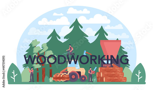 Woodworking typographic header. Timber industry and wood production