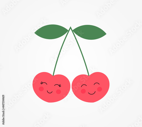 Cute red cherries with faces and leaf icon.