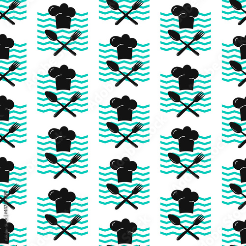 Pattern with a chefs cap, spoon and fork. Vector illustration on a white background with blue zigzags. For use in packaging and covers, fabrics, shops, advertisements and promotions, cafes and