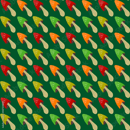 Pattern with multi-colored fly agarics. Vector illustration on a green background. For use in packaging, covers, fabrics, shops, advertisements, promotions.