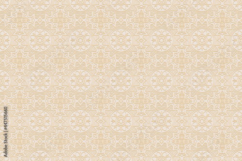 3D volumetric convex embossed geometric beige background. Doodling technique. Ethnic decorative oriental, asian, indian pattern with handmade elements for design and decoration.