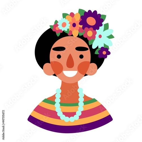 Happy woman with flower in hair, and pearls necklace vector illustration. Smiling tourist girl on Hawaii or other tropical resort or thematic party