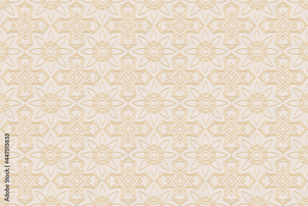 3D volumetric convex embossed geometric beige background. Doodling technique. Ethnic art oriental, asian, indian pattern with handmade elements for design and decoration. 3D volumetric convex embossed geometric beige background. Doodling technique. Ethnic art oriental, asian, indian pattern with handmade elements for design and decoration.