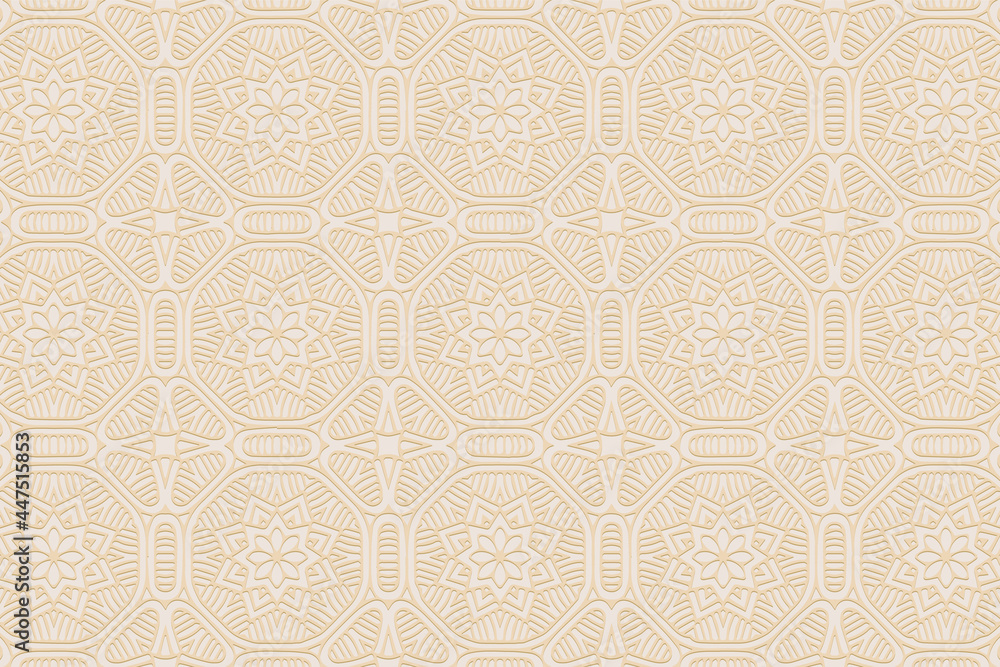 3D volumetric convex embossed geometric beige background. Doodling technique. Ethnic beautiful floral oriental, asian, indian pattern with handmade elements for design and decoration. 3D volumetric convex embossed geometric beige background. Doodling technique. Ethnic beautiful floral oriental, asian, indian pattern with handmade elements for design and decoration.