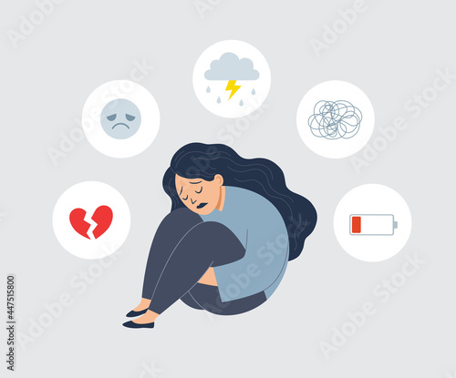 Mental health concept. Young woman is sitting on floor. She feeling sad and hopeless Suffer from depression. Stress and psychological problems.