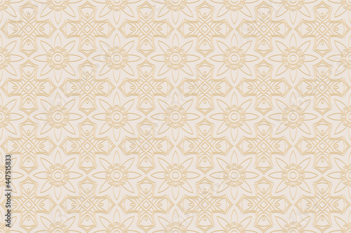Wallpaper Mural 3D volumetric convex embossed geometric beige background. Doodling technique. Ethnic art oriental, asian, indian pattern with handmade elements for design and decoration. Torontodigital.ca