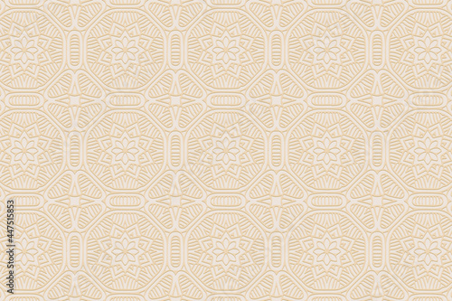 3D volumetric convex embossed geometric beige background. Doodling technique. Ethnic beautiful floral oriental, asian, indian pattern with handmade elements for design and decoration.