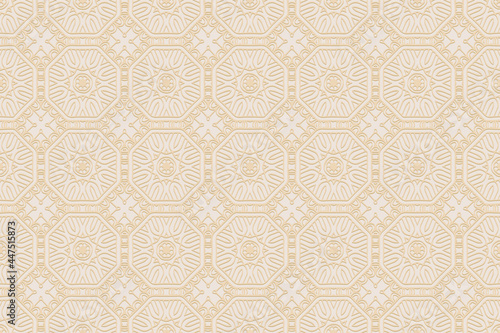 3D volumetric convex embossed geometric beige background. Doodling technique. Ethnic figured oriental, asian, indian pattern with handmade elements for design and decoration.