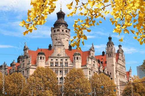 Leipzig Town Hall - autumn leaves seasonal view. photo